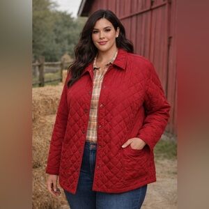 Jill Quilted Barn Jacket‎ Red Collared Button Front Women's XL